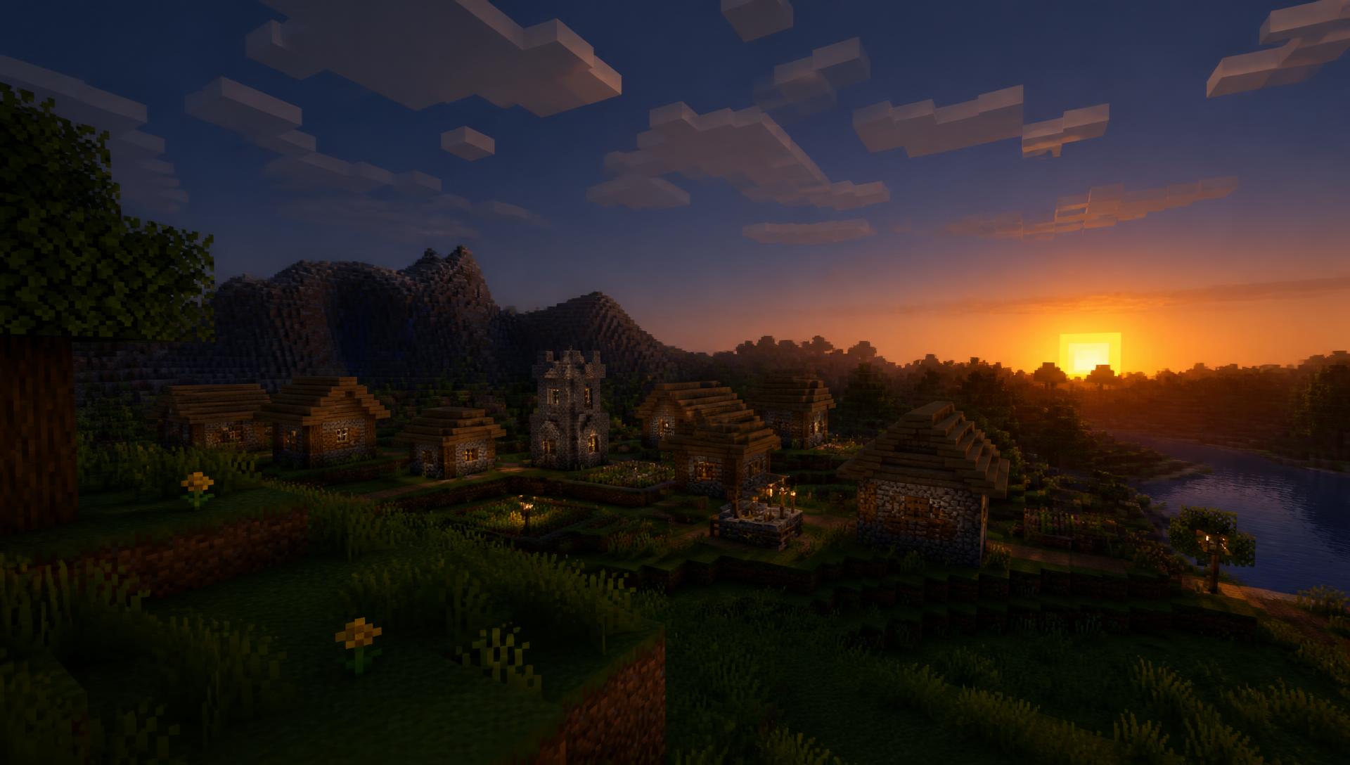 Blocky Minecraft village at sunset